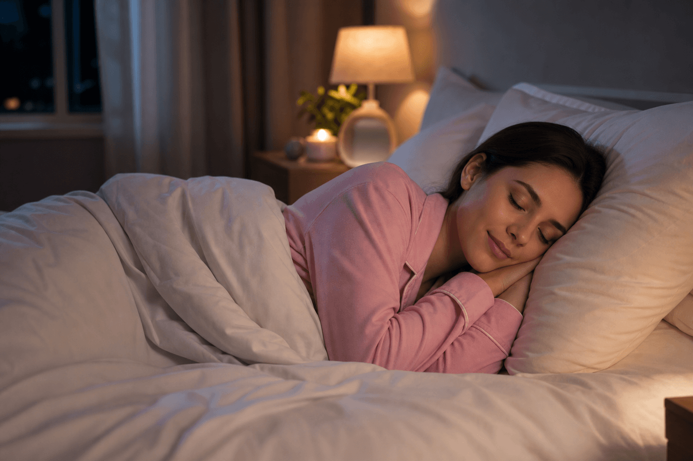 Mujer durmiendo plácidamente con pijama de algodón cómoda, transmitiendo descanso reparador
