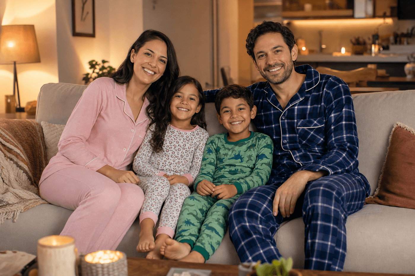Familia con pijamas de distintos estilos: algodón rosa, franela a cuadros, estampados infantiles y diseño divertido para niños