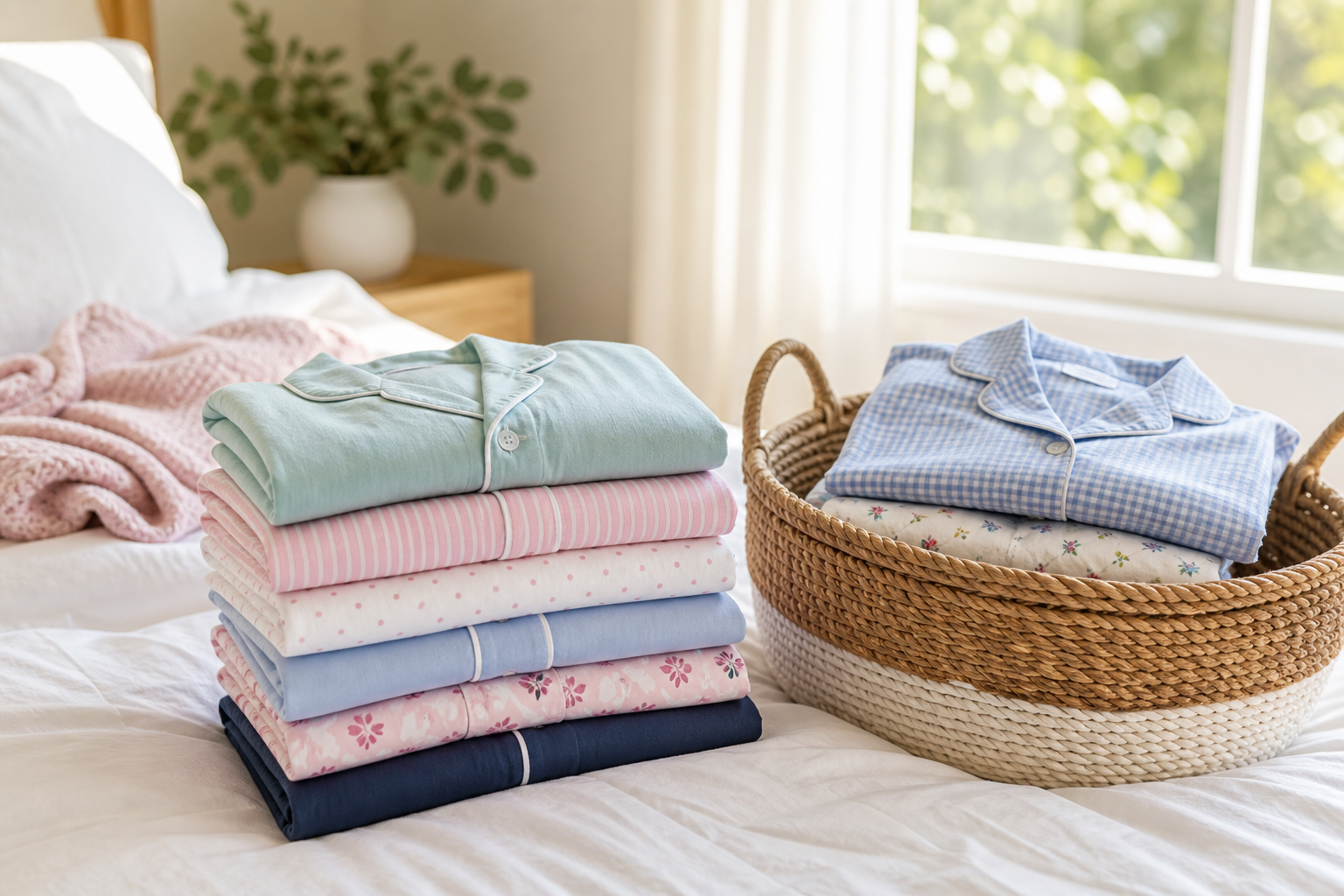 Pijamas dobladas con cuidado sobre la cama junto a canasta de ropa limpia, ilustrando el cuidado y lavado de prendas
