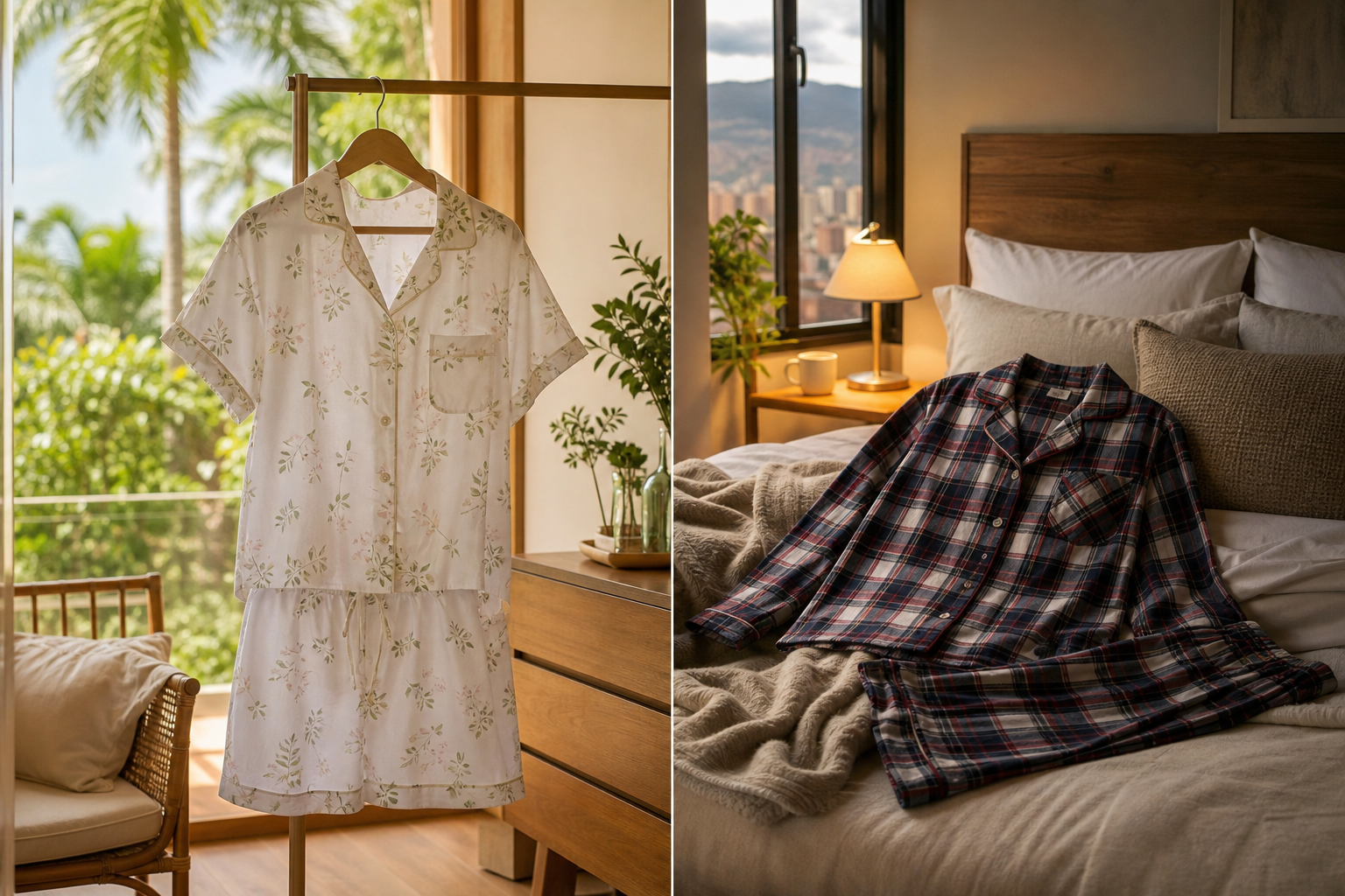 Comparación de pijamas ligeras de algodón para clima cálido y pijamas de franela abrigadoras para clima frío en Colombia