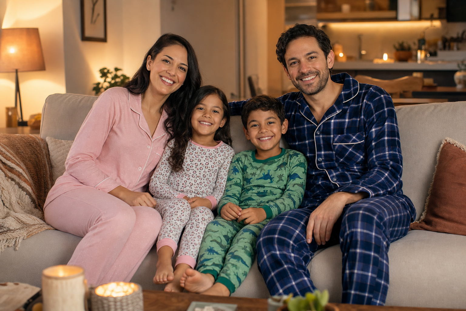 Familia con pijamas de distintos estilos: algodón rosa, franela a cuadros, estampados infantiles y diseño divertido para niños