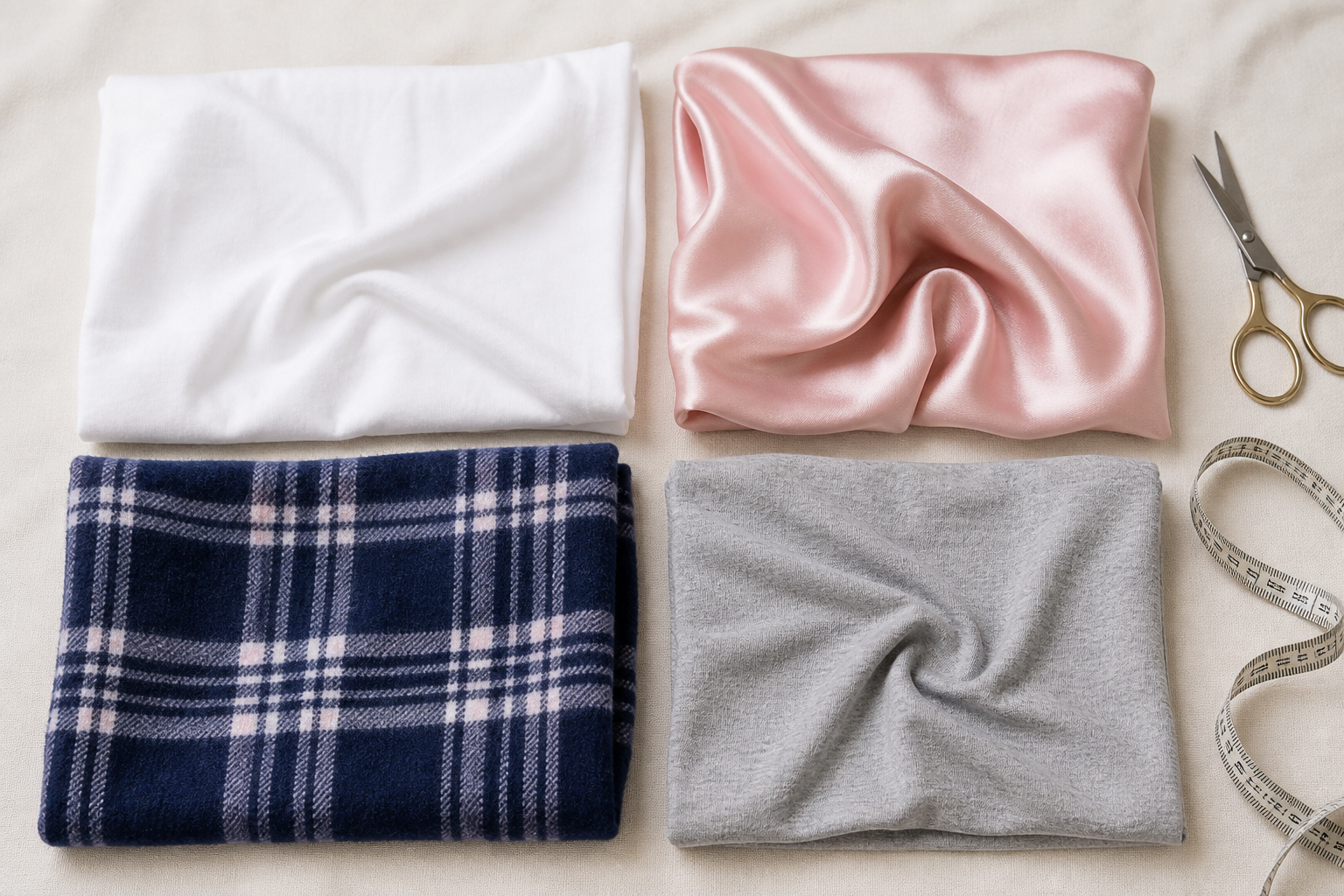 Muestras de telas para pijamas: algodón, satén rosa, franela a cuadros y mezcla elástica