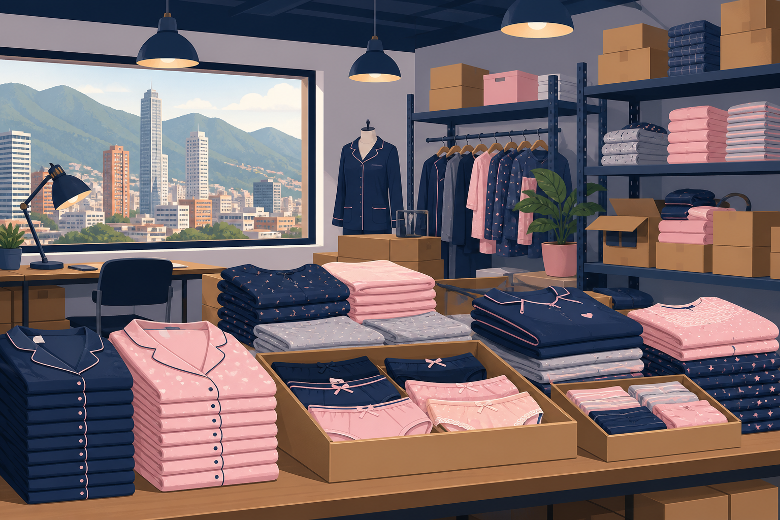 Cajas con pijamas y ropa interior listas para venta al por mayor en bodega de Bogotá