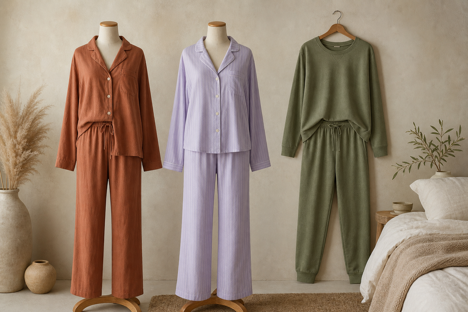 Conjuntos de pijamas tendencia 2026 en tonos tierra, lavanda y verde oliva con estilos modernos